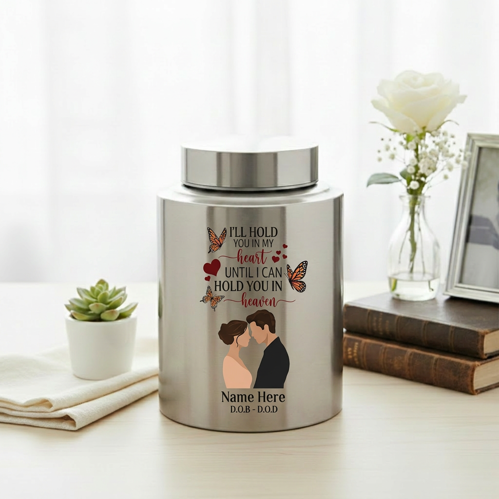 Personalized Couple In Heaven Butterfly Heart Stainless Steel Urn Loss Of Husband Widow Sympathy Bereavement Adult Ashes 2 Sizes Memorial Keepsake Urn, Memorial Gift, In Loving Memory - Image 5