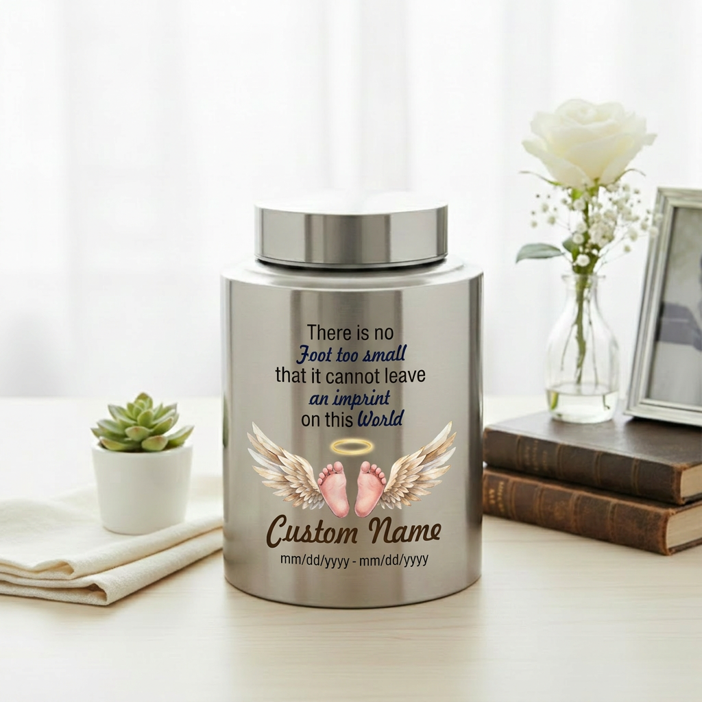 Personalized Baby Footprints UV Print Stainless Steel Urn for Infant Child Miscarriage Loss Foot Too Small Imprint Custom Large Memorial Keepsake Urn, Memorial Gift, In Loving Memory - Image 5