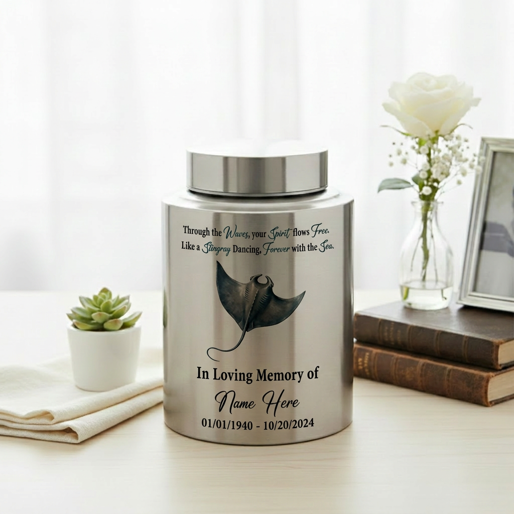 Personalized Stingray Beach Ocean Waves UV Printed Stainless Steel Urn for Loss of Loved One Marine Life Lover Large Ash Container Two Sizes Memorial Keepsake Urn, Memorial Gift, In Loving Memory - Image 5
