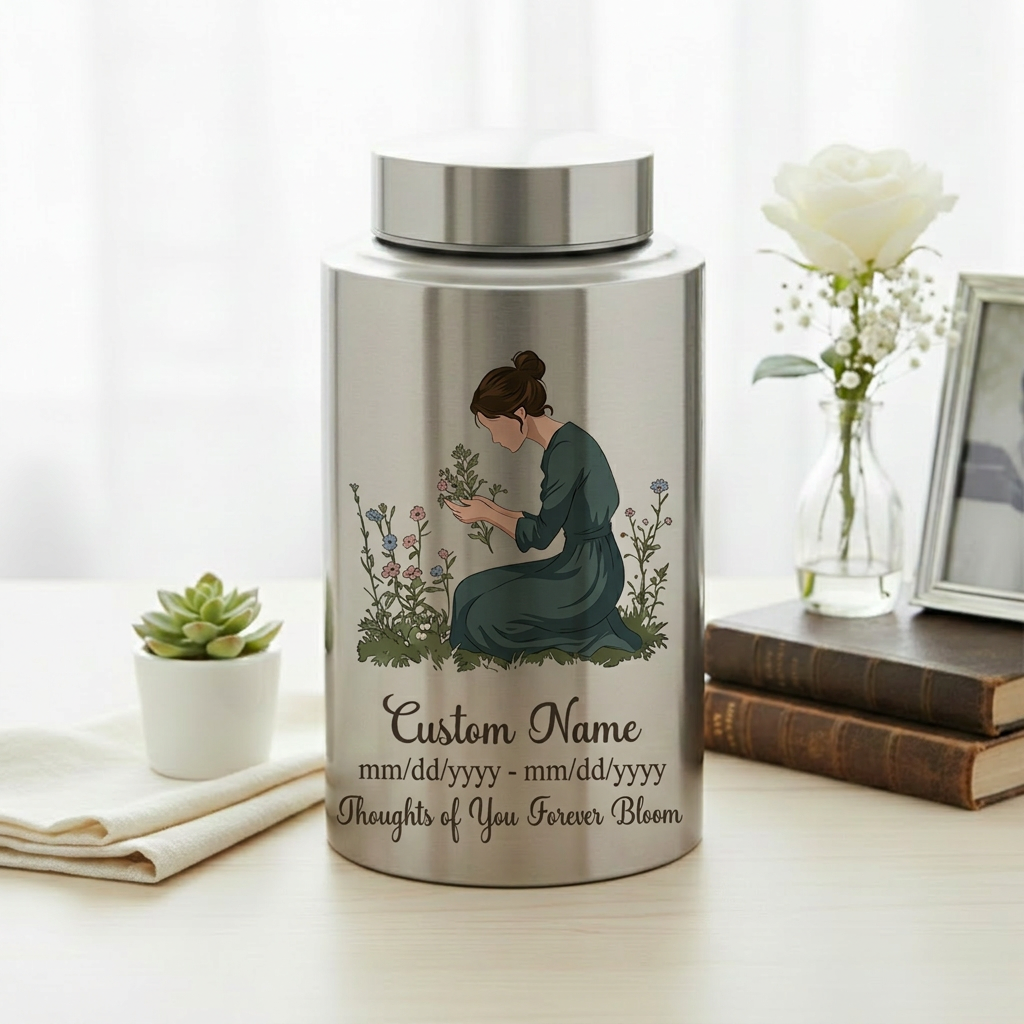Personalized Gardening Theme Stainless Steel Cremation Urn for Mom Grandma, Custom Name Date Thoughts of You Forever Bloom Floral Ashes Holder, Memorial Keepsake Urn, Memorial Gift, In Loving Memory - Image 5
