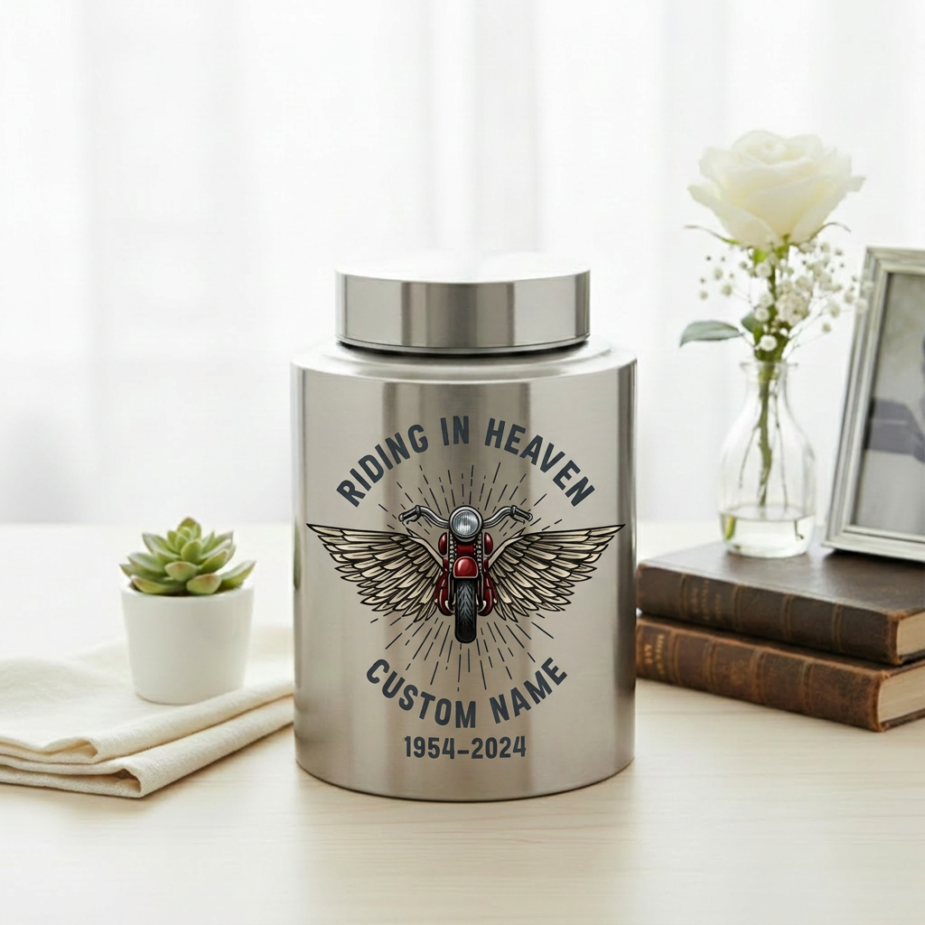 Personalized Motorcycle Cremation Urn Stainless Steel Riding In Heaven Biker Tribute for Dad Husband Two Sizes Black Gold Red Memorial Keepsake Urn, Memorial Gift, In Loving Memory - Image 5