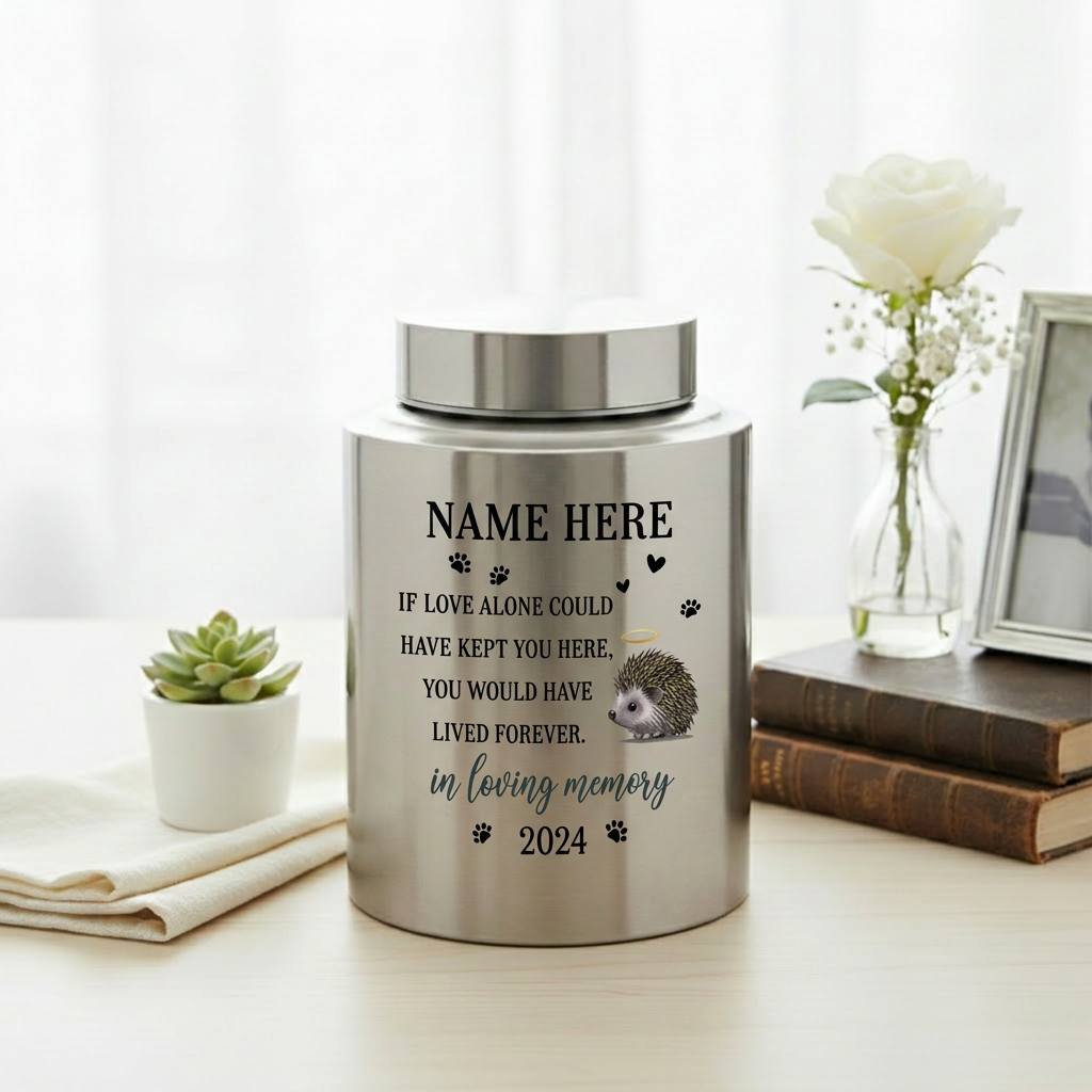Personalized Hedgehog Pet Memorial Cremation Urn UV Printed Stainless Steel Dog Cat Loss Remembrance Sympathy Paw Print Halo Memorial Keepsake Urn, Memorial Gift, In Loving Memory - Image 5