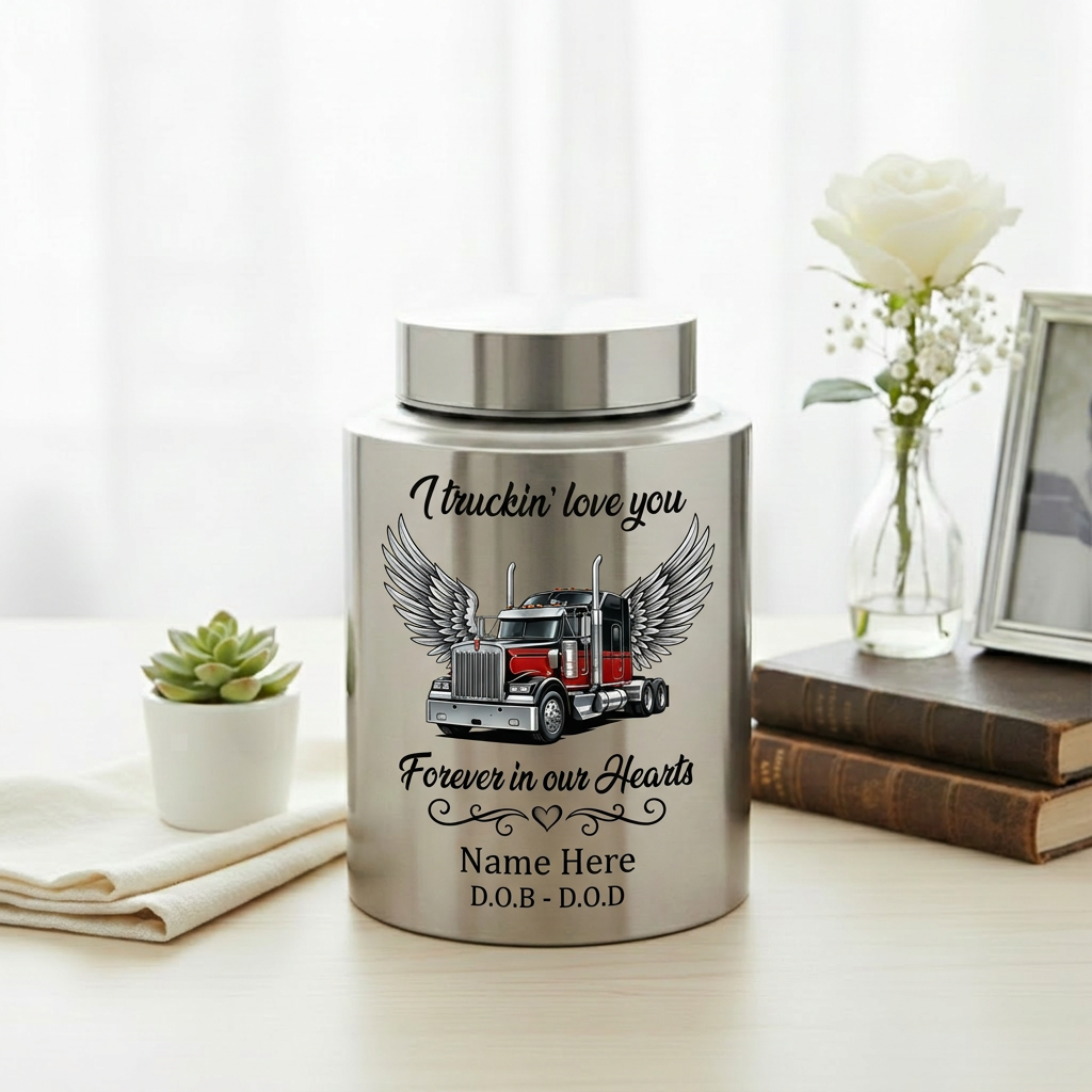 Personalized Semi Truck Angel Wings Stainless Steel Cremation Urn for Human Ashes, Truck Driver Dad Husband Grandpa Funeral Sympathy Gift, Memorial Keepsake Urn, Memorial Gift, In Loving Memory - Image 5