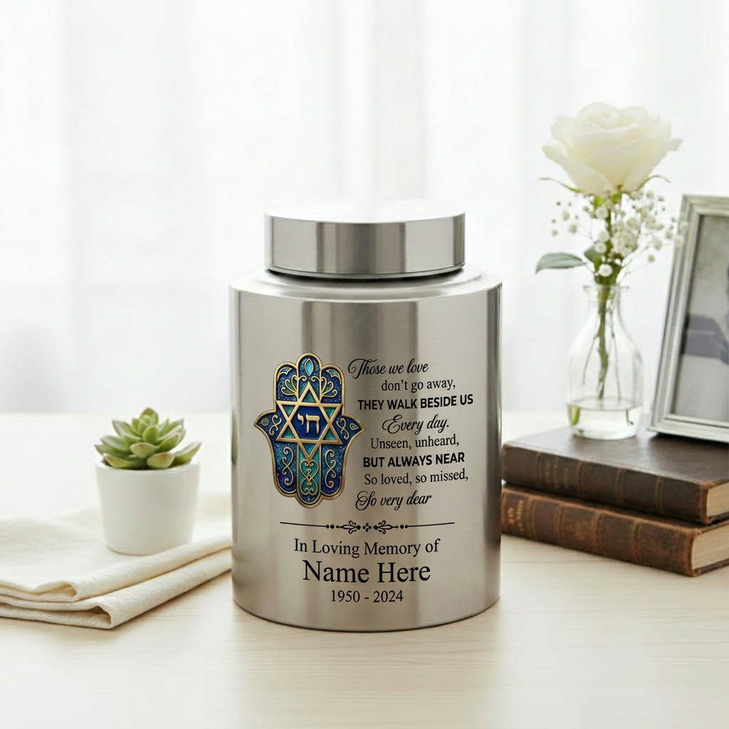 Personalized Jewish Star of David Hamsa Hand Chai Tree of Life Stainless Steel Bereavement Sympathy Silver Black Gold Red 2 Sizes Memorial Keepsake Urn, Memorial Gift, In Loving Memory - Image 5