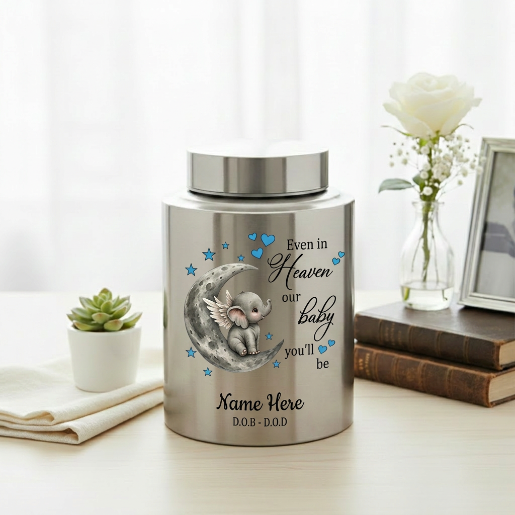 Personalized Baby Loss Infant Bereavement Stainless Steel Urn, Even In Heaven Our Baby You'll Be Quote, 4 Colors Silver Black Gold Red, Memorial Keepsake Urn, Memorial Gift, In Loving Memory - Image 5