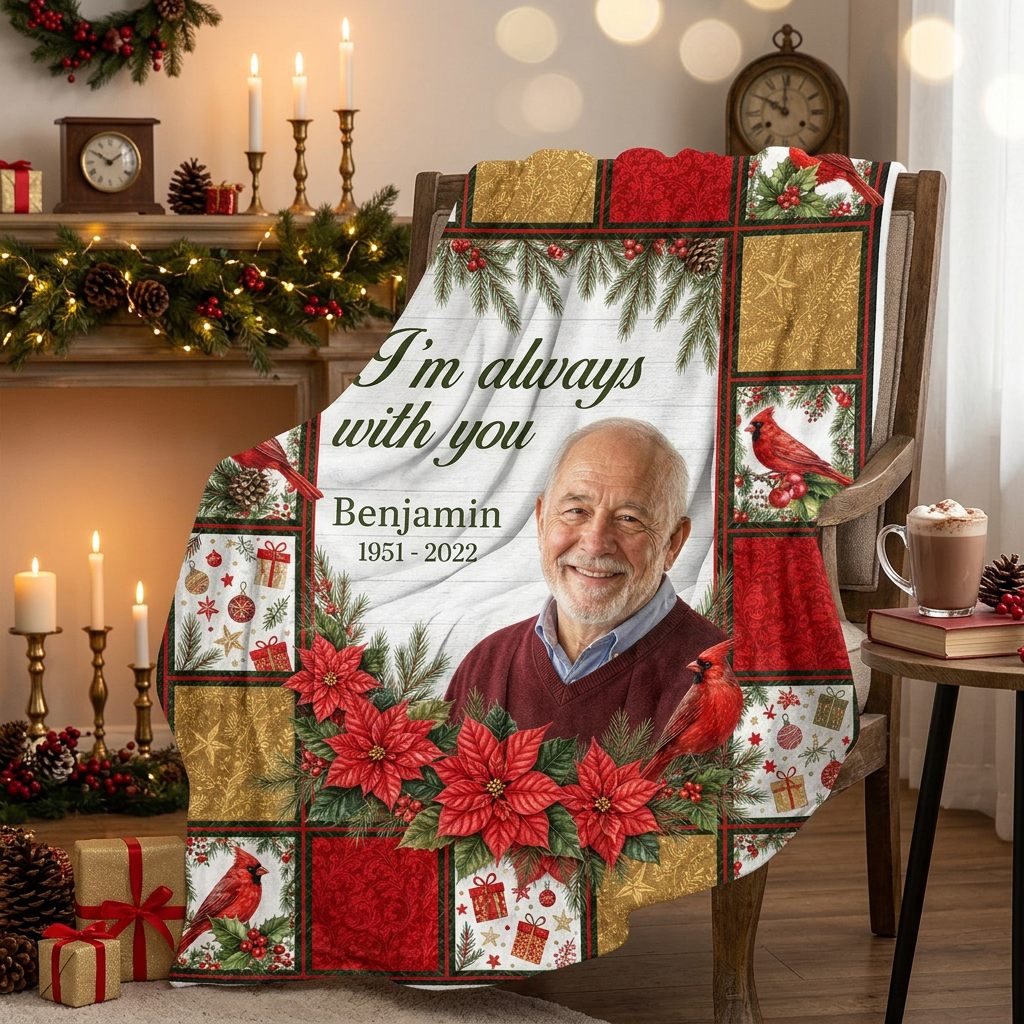 Personalized Memorial Photo Cardinal Christmas Fleece Blanket - Sympathy Gift for Lost Loved One - Image 6