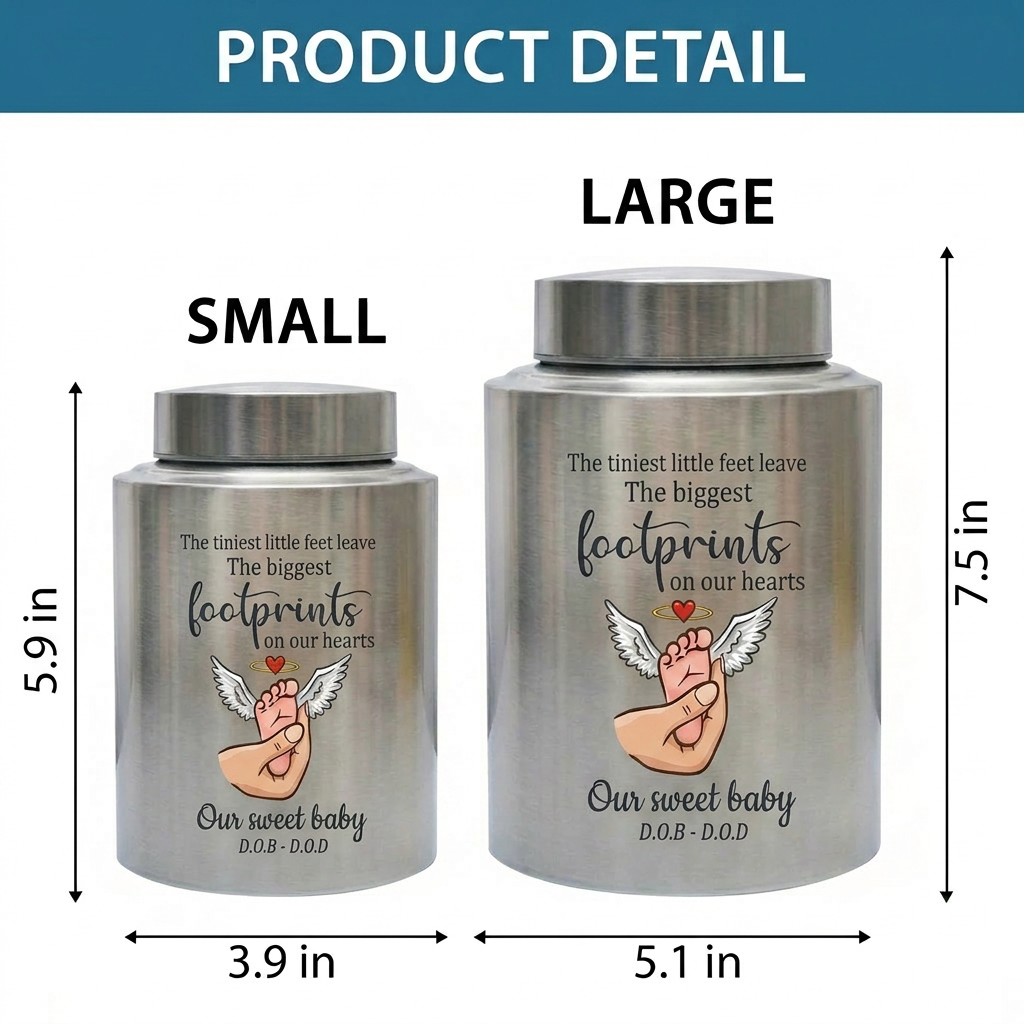 Personalized Baby Footprints Infant Loss Stainless Steel Urn, Child Bereavement Keepsake Custom Dates, Two Sizes 5.9x3.9 7.5x5.1, Memorial Keepsake Urn, Memorial Gift, In Loving Memory - Image 6