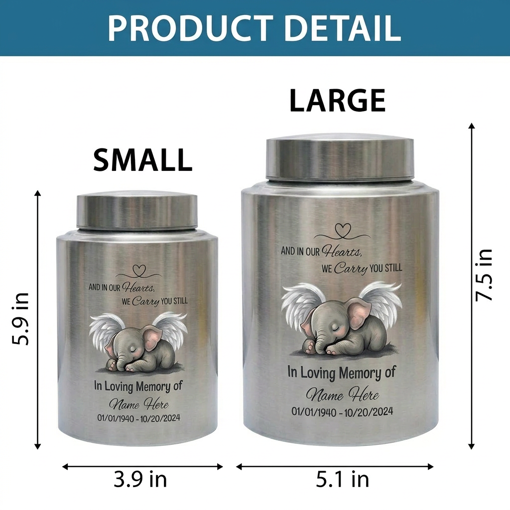 Personalized Baby Elephant Heart UV Printed Stainless Steel Infant Child Loss Bereavement And In Our Hearts We Carry You Still Quote Memorial Keepsake Urn, Memorial Gift, In Loving Memory - Image 6