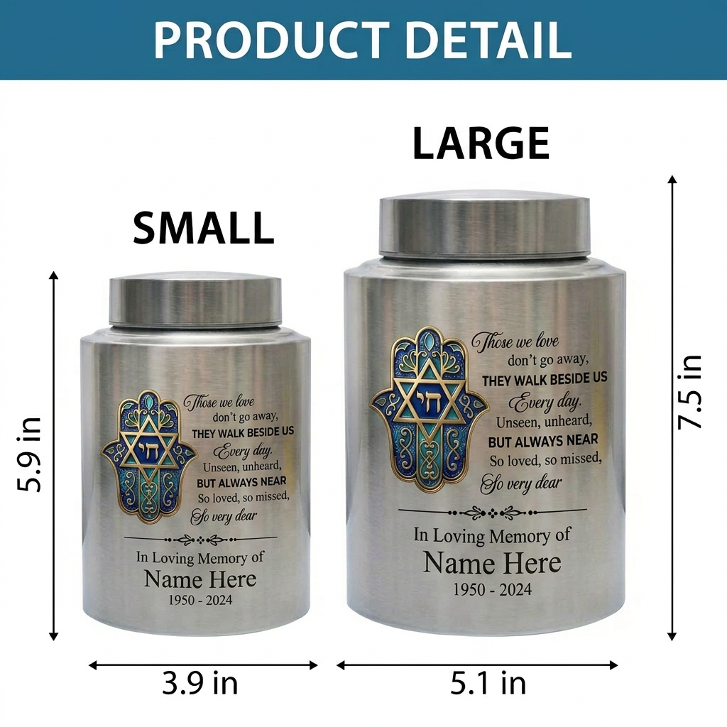 Personalized Jewish Star of David Hamsa Hand Chai Tree of Life Stainless Steel Bereavement Sympathy Silver Black Gold Red 2 Sizes Memorial Keepsake Urn, Memorial Gift, In Loving Memory - Image 6