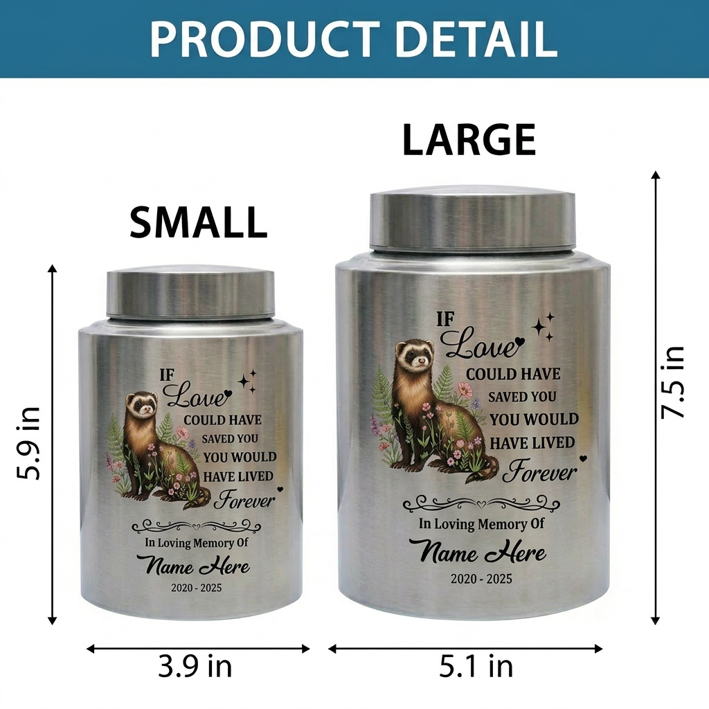 Personalized Botanical Ferret Stainless Steel Pet Urn For Animal Ashes Sympathy Bereavement Display Small Large Sizes Loss Of Pet Memorial Keepsake Urn, Memorial Gift, In Loving Memory - Image 6