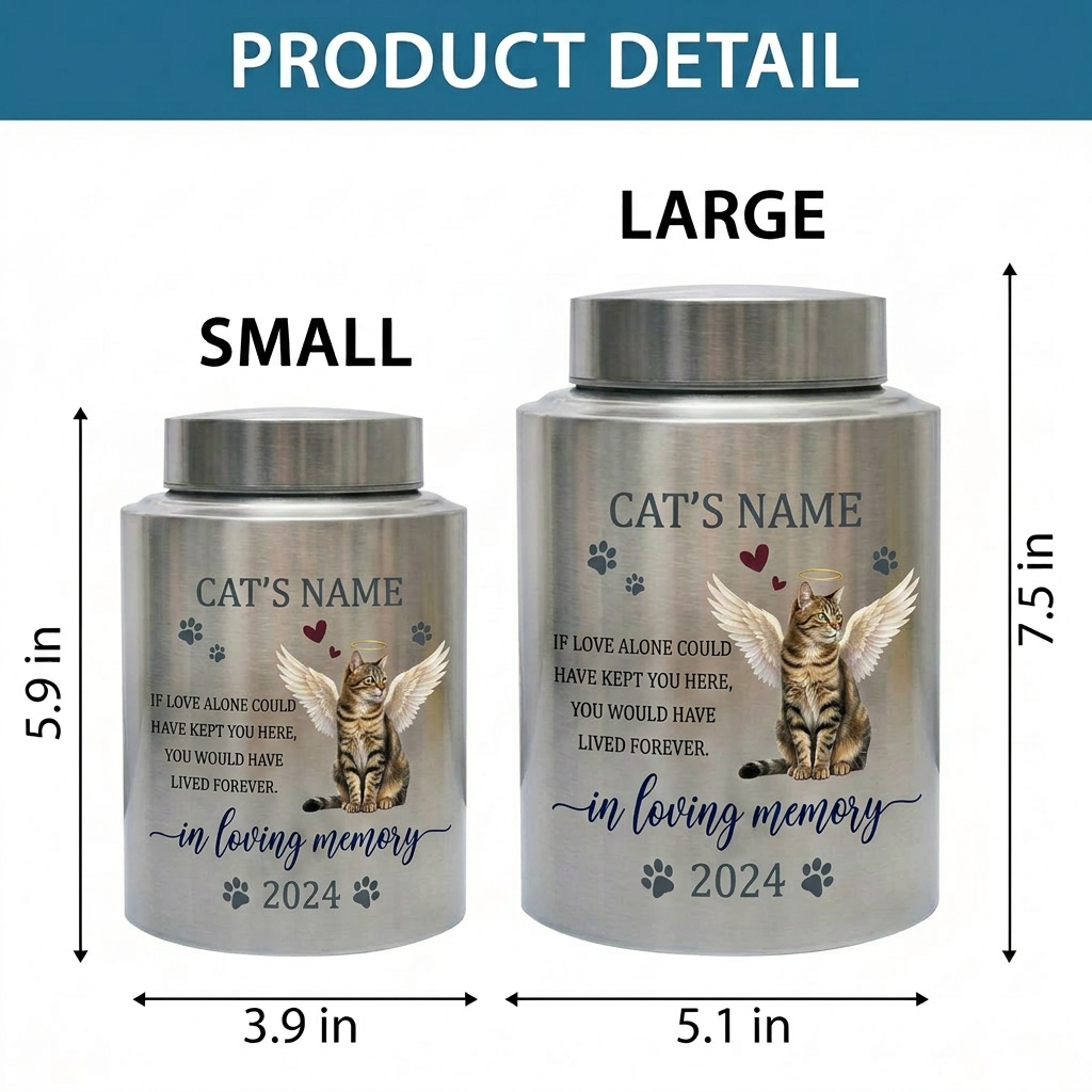 Personalized Angel Cat Silhouette Stainless Steel Pet Loss Bereavement Gift for Cat Mom Dad Custom Feline Remembrance Decor 5.9x3.9 or 7.5x5.1 in Memorial Keepsake Urn, Memorial Gift, In Loving Memory - Image 6
