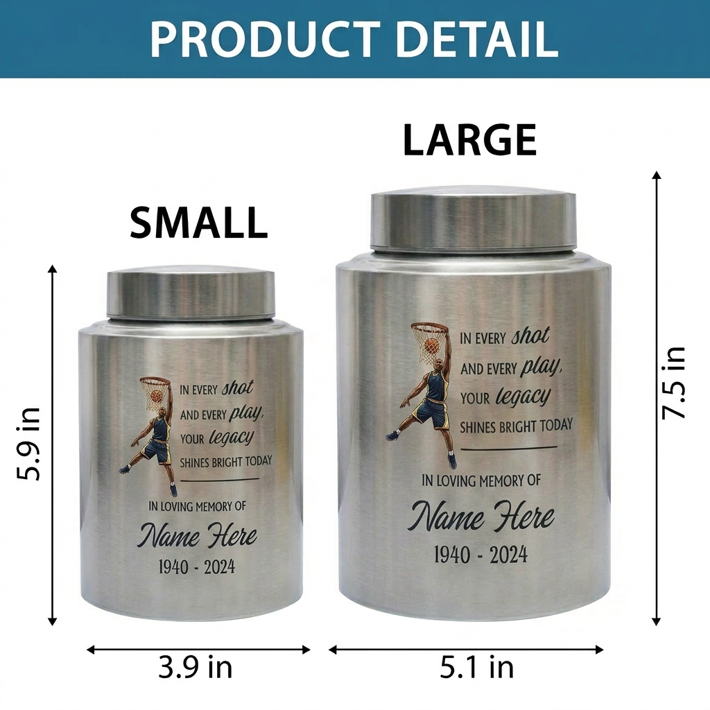 Personalized Basketball Stainless Steel Urn for Sports Fan Athlete Coach, Decorative Funeral Display Large Small Silver Black Gold Red Memorial Keepsake Urn, Memorial Gift, In Loving Memory - Image 6