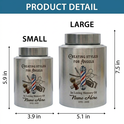 Personalized Master Barber Hair Stylist UV Printed Stainless Steel Urn for Ashes Cosmetologist Sympathy Bereavement Large Silver Black Gold Red Memorial Keepsake Urn, Memorial Gift, In Loving Memory - Image 6