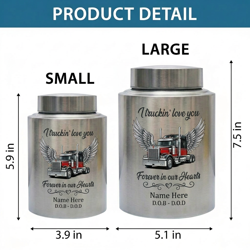 Personalized Semi Truck Angel Wings Stainless Steel Cremation Urn for Human Ashes, Truck Driver Dad Husband Grandpa Funeral Sympathy Gift, Memorial Keepsake Urn, Memorial Gift, In Loving Memory - Image 6