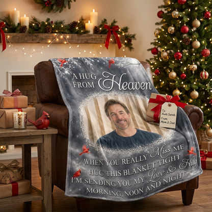 Personalized Photo A Hug From Heaven Memorial Fleece Blanket, Cardinal Sympathy Gift for Loss - Image 6