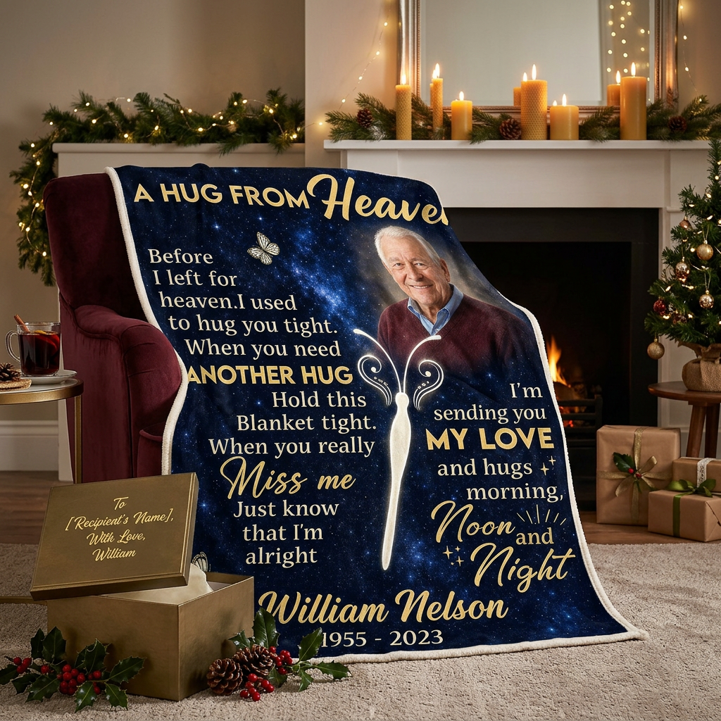 Personalized Memorial Photo Fleece Blanket - A Hug From Heaven Sympathy Gift for Loss of Dad - Image 6