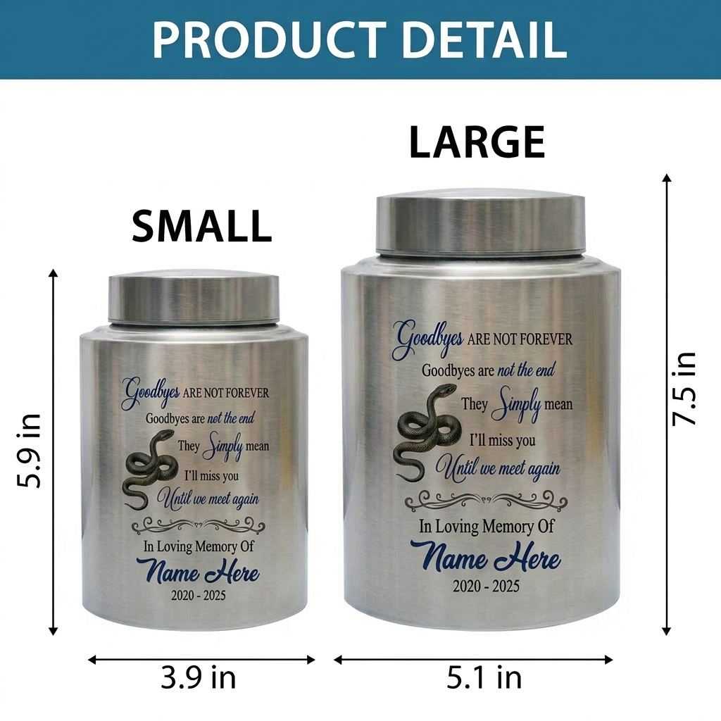 Personalized Coiled Snake Cremation Urn Goodbyes Are Not Forever UV Printed Stainless Steel Reptile Lover Human Ashes Large Small Memorial Keepsake Urn, Memorial Gift, In Loving Memory - Image 6
