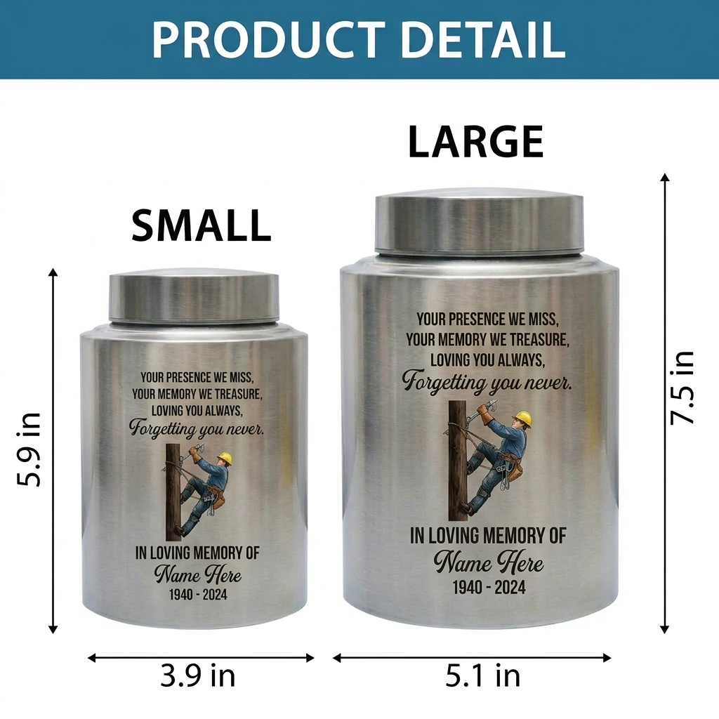 Personalized Lineman Electrician Cremation UV Printed Stainless Steel for Dad Husband Human Ashes Loss Small 5.9x3.9in Large 7.5x5.1in Memorial Keepsake Urn, Memorial Gift, In Loving Memory - Image 6
