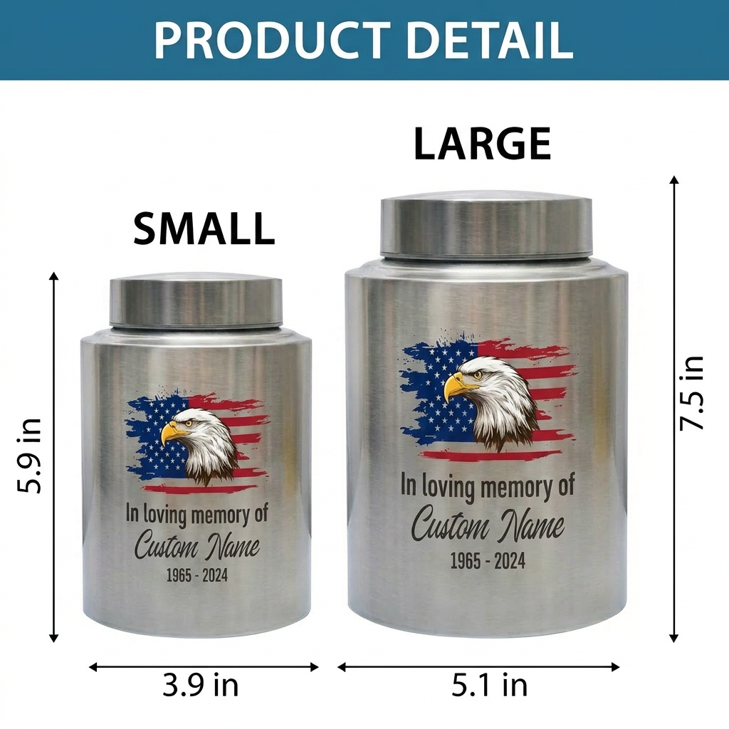 Personalized Eagle Cremation Urn for Human Ashes Adult Men Dad Veteran, UV Printed Metal Tribute Ash Container in Small 5.9in or Large 7.5in, Memorial Keepsake Urn, Memorial Gift, In Loving Memory - Image 6