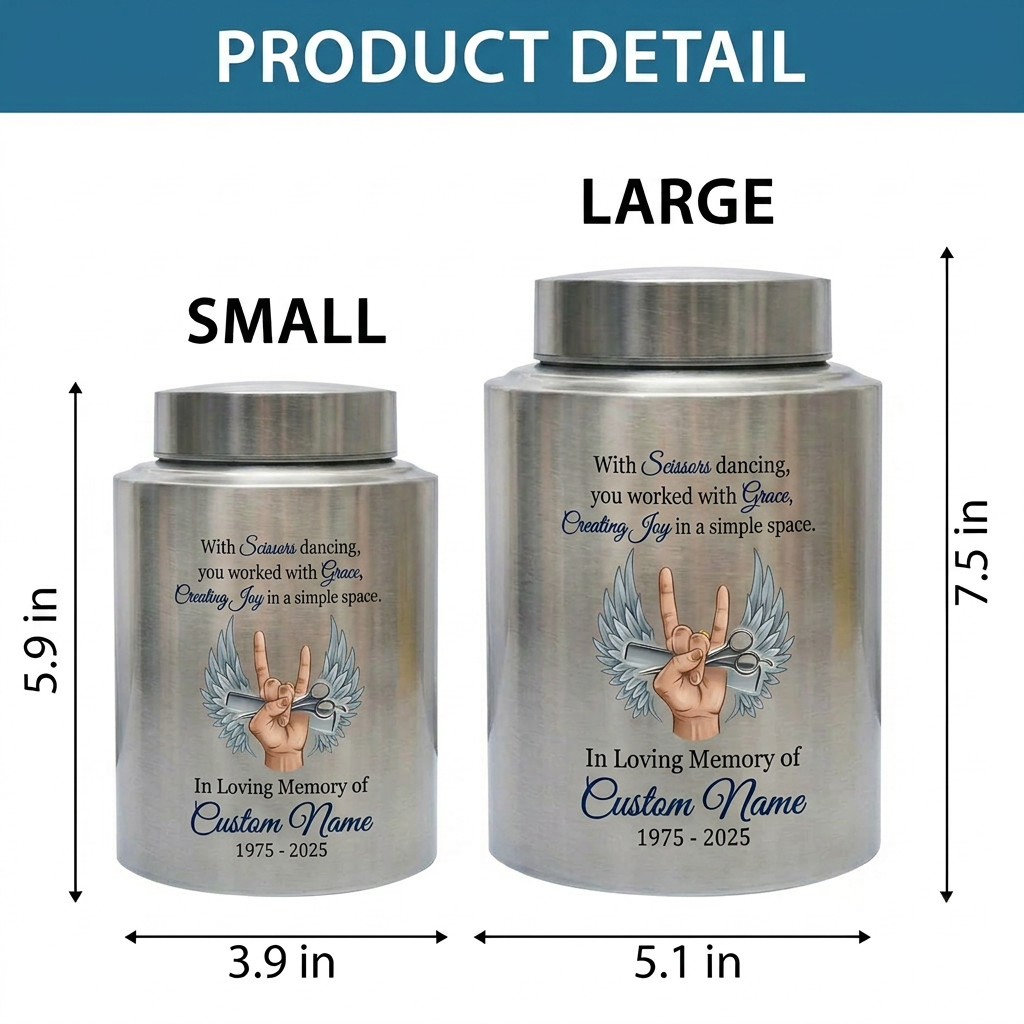 Personalized Master Barber Hair Stylist UV Printed Stainless Steel Cremation Urn for Ashes Custom Name Date Hairdresser Colleague Memorial Keepsake Urn, Memorial Gift, In Loving Memory - Image 6