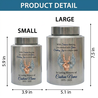 Personalized Master Barber Hair Stylist UV Printed Stainless Steel Cremation Urn for Ashes Custom Name Date Hairdresser Colleague Memorial Keepsake Urn, Memorial Gift, In Loving Memory - Image 6