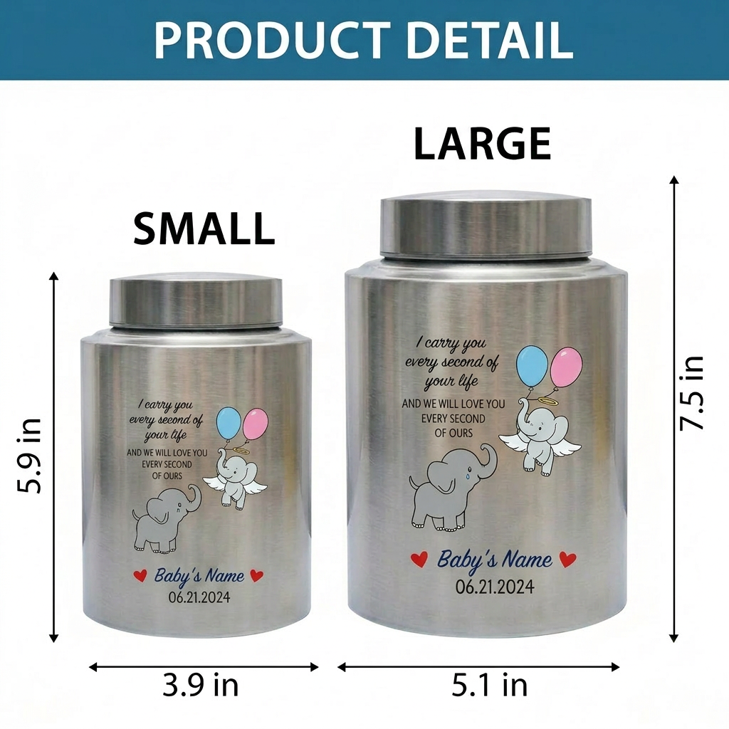 Personalized Angel Baby Elephant Grieving Stainless Steel Urn For Infant Loss Miscarriage Child Memory Large 7.5x5.1 UV Printed Decor Memorial Keepsake Urn, Memorial Gift, In Loving Memory - Image 6