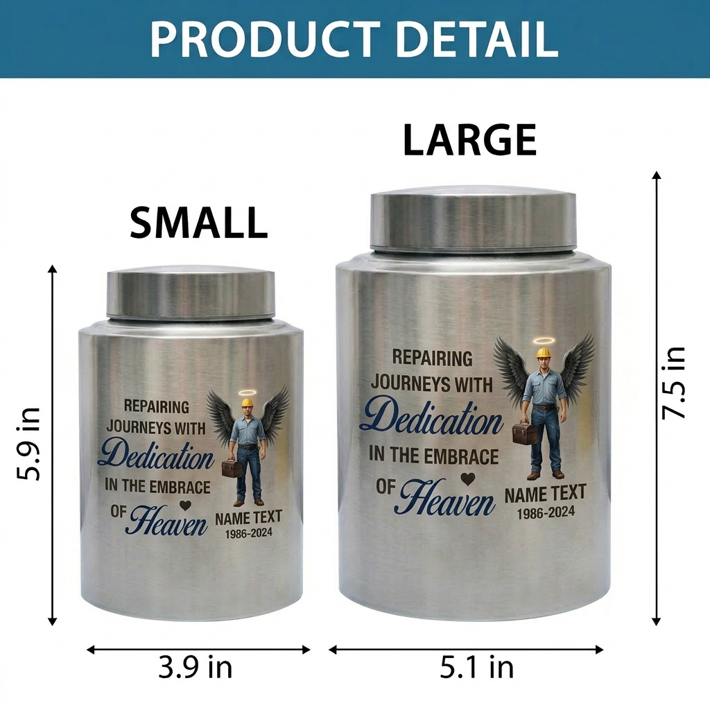 Personalized Mechanic Man Design Repairing Journeys Stainless Steel Urn for Father Husband Auto Worker Tribute 2 Sizes Available Memorial Keepsake Urn, Memorial Gift, In Loving Memory - Image 6