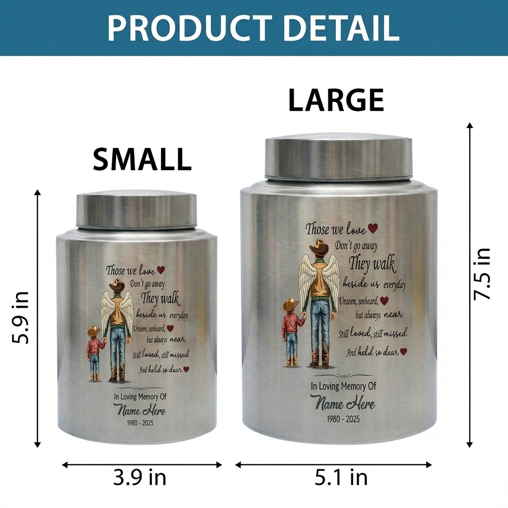 Personalized Cowboy Boots Hat Cross Stainless Steel Urn for Adult Human Ashes Loss of Father Husband Grandpa UV Printed Small and Large Memorial Keepsake Urn, Memorial Gift, In Loving Memory - Image 6