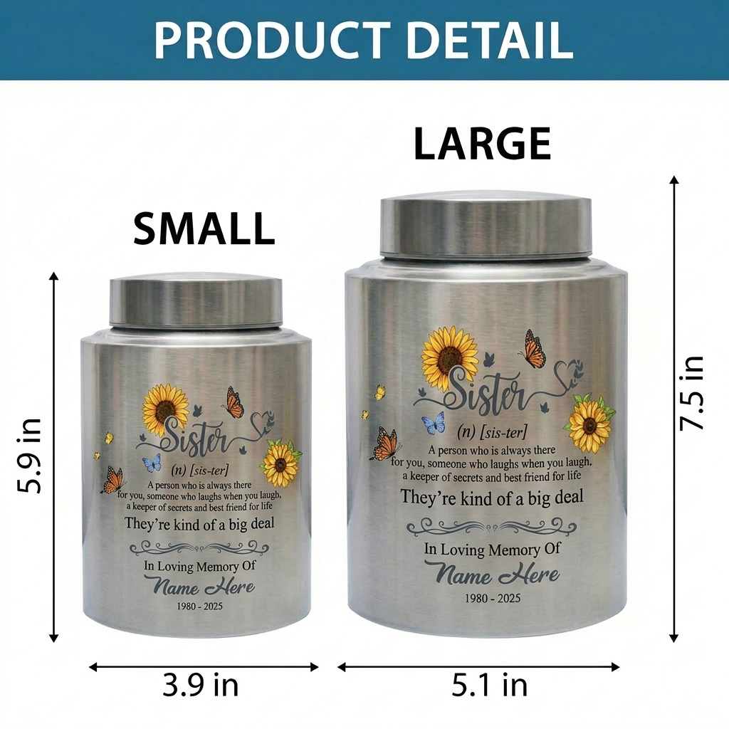 Personalized Sunflower Butterfly Sister Memorial Stainless Steel UV Print Urn for Loss of Best Friend Sister-in-Law Bereavement Tribute 2 Sizes Memorial Keepsake Urn, Memorial Gift, In Loving Memory - Image 6