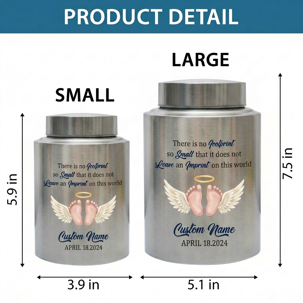 Personalized Angel Baby Footprint Stainless Steel Cremation Urn, Infant Loss Remembrance Container, Grieving Parent Sympathy Present, Memorial Keepsake Urn, Memorial Gift, In Loving Memory - Image 6