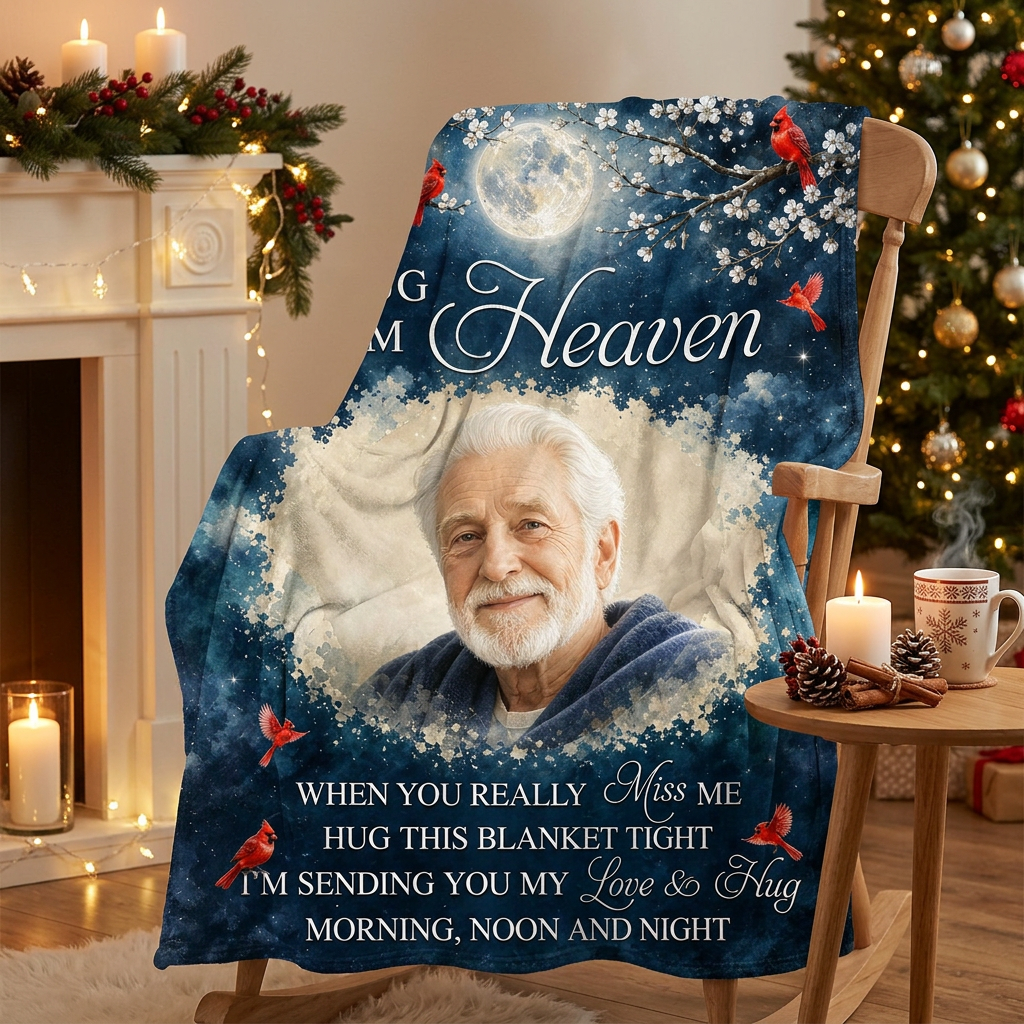 Personalized Photo A Hug From Heaven Memorial Fleece Blanket, Sympathy Gift for Loss of Dad Grandpa - Image 6