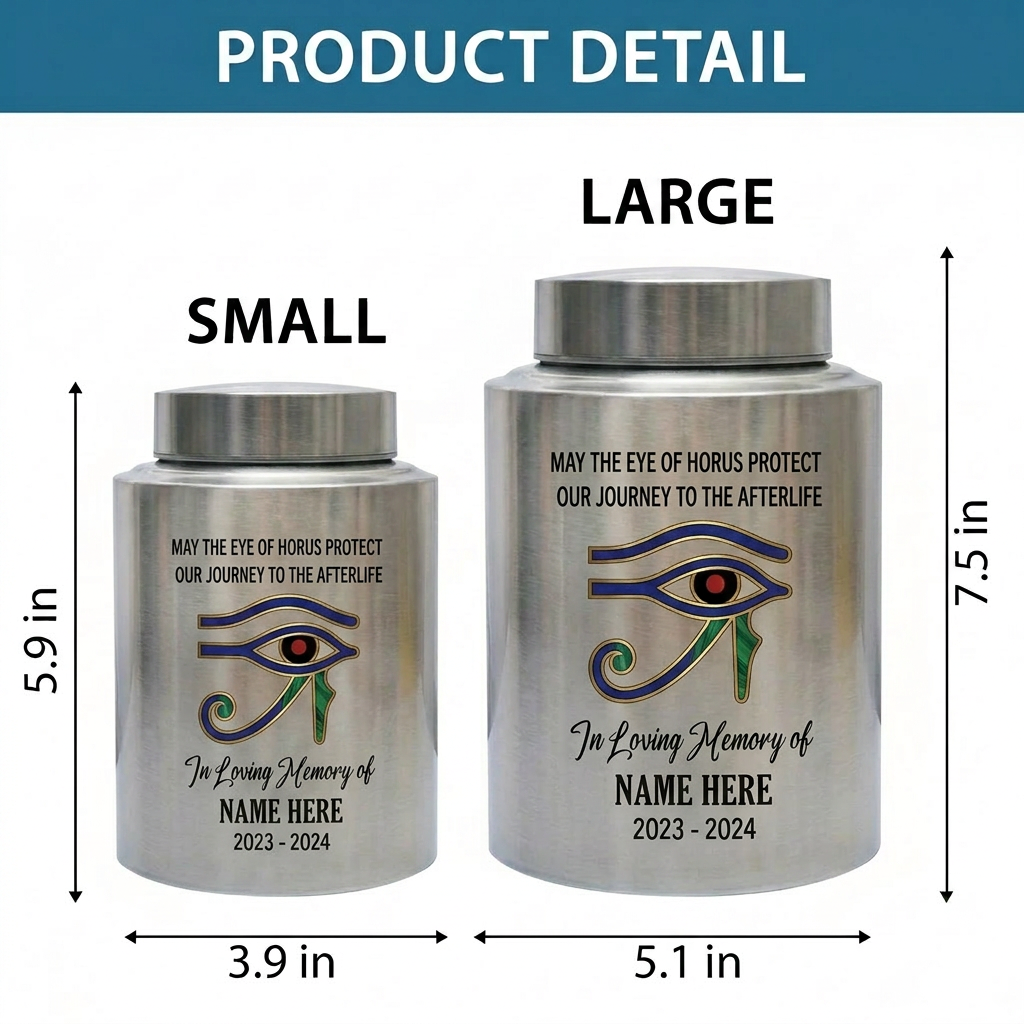 Personalized Eye of Horus Egyptian Hamsa Evil Eye Stainless Steel Cremation Container for Human Ashes Bereavement Tribute Jar Memorial Keepsake Urn, Memorial Gift, In Loving Memory - Image 6