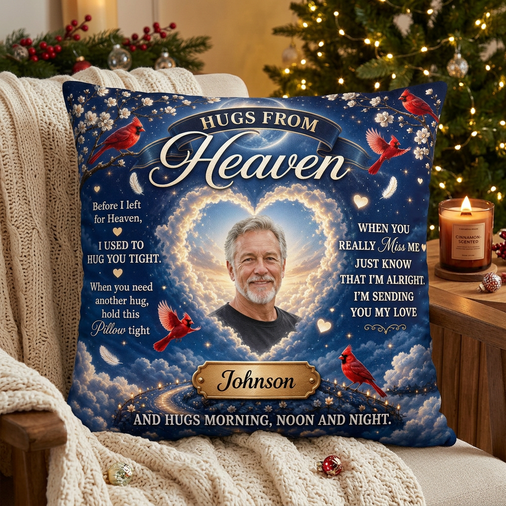 Personalized Hugs From Heaven Memorial Photo Pillow with Cardinal Birds - Sympathy Remembrance Gift - Image 6