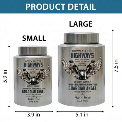 Personalized Motorcycle Riding In Heaven Guardian Angel Stainless Steel Cremation Ash Holder For Adult Male Dad Biker Large UV Print Memorial Keepsake Urn, Memorial Gift, In Loving Memory - Image 6