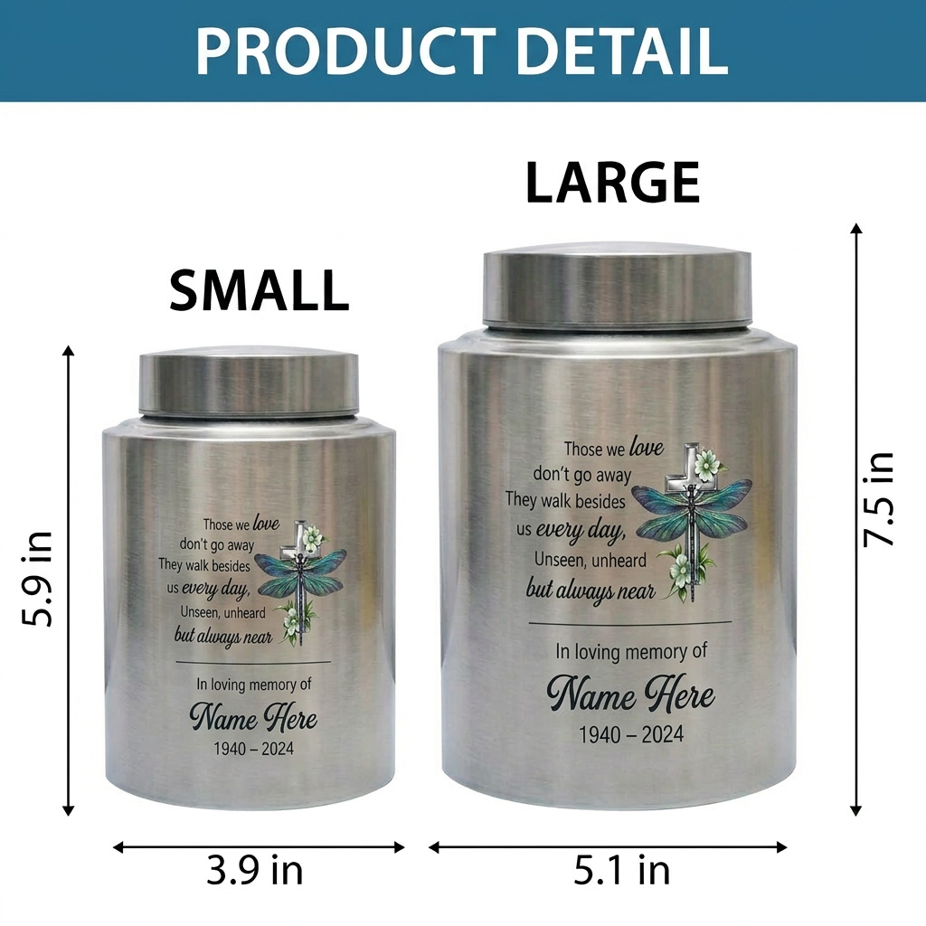 Personalized Dragonfly Floral Cross Stainless Steel UV Printed Funeral Burial Ash Storage for Adult Male Female Human Ashes 5.9in or 7.5in Memorial Keepsake Urn, Memorial Gift, In Loving Memory - Image 6