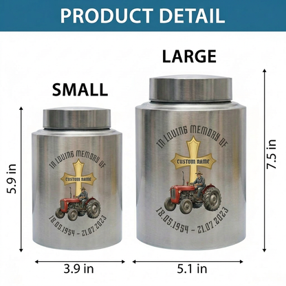 Personalized Farmer Tractor Gothic Cross Stainless Steel Urn for Human Ashes Loss of Father Grandfather Husband Decorative 5.9x3.9 7.5x5.1 Memorial Keepsake Urn, Memorial Gift, In Loving Memory - Image 6