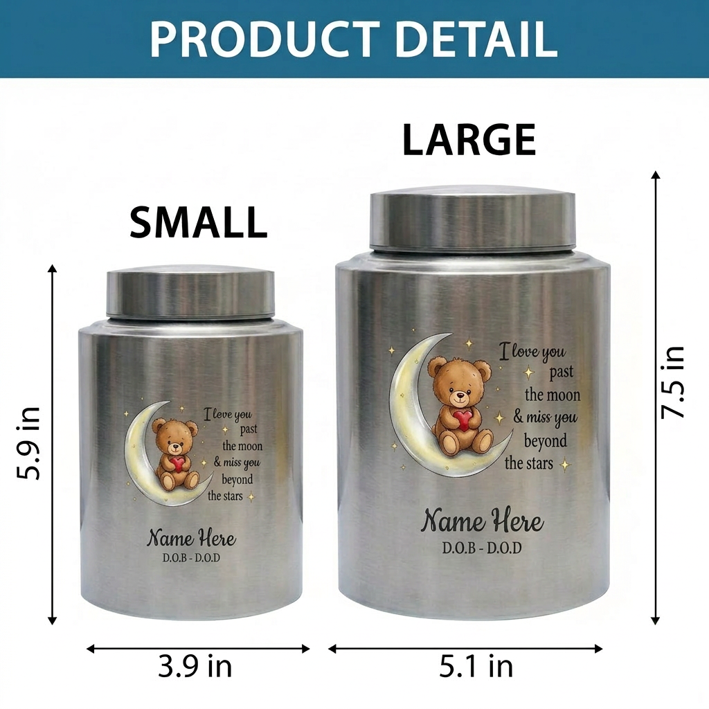 Personalized Teddy Bear Crescent Moon Stars Baby Loss Stainless Steel Urn Infant Child Bereavement Custom Two Sizes Parents Family Memorial Keepsake Urn, Memorial Gift, In Loving Memory - Image 6