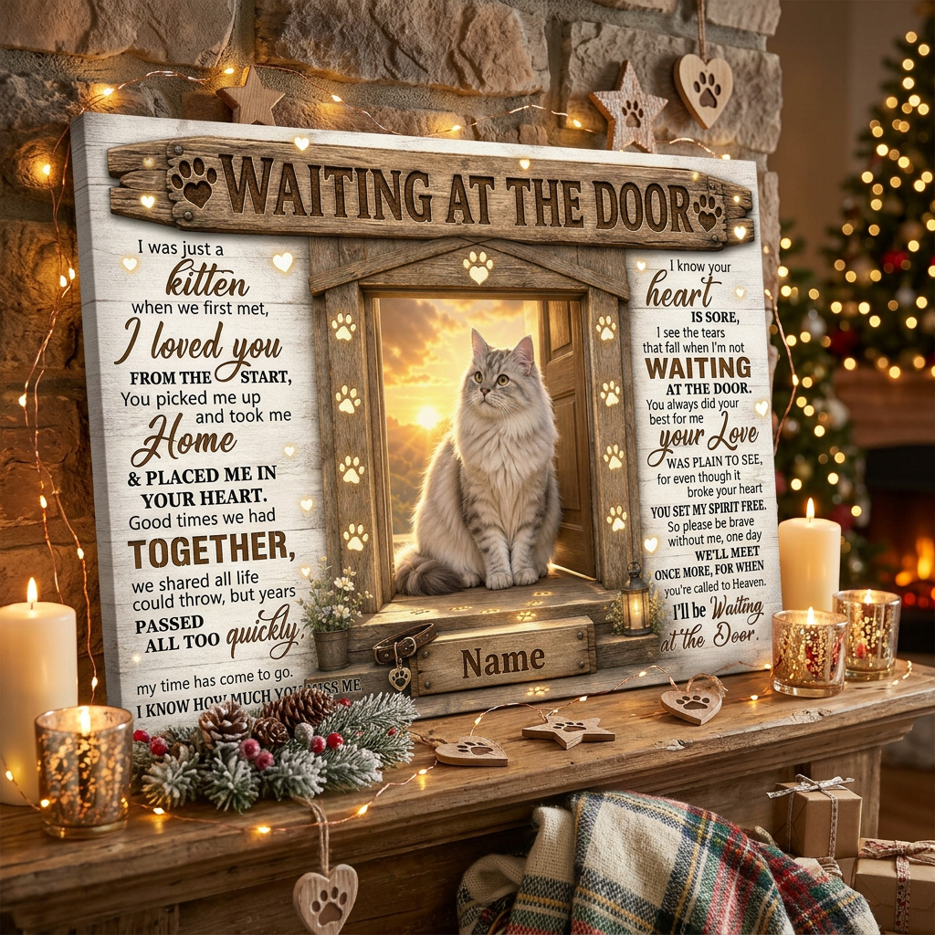 Personalized Cat Memorial Wall Canvas – Waiting at the Door Cat Loss Gift - Image 6