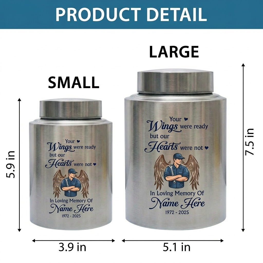 Personalized Mechanic Wings Were Ready But Our Hearts Were Not UV Printed Ash Holder For Dad Father Husband Loss Support Memorial Keepsake Urn, Memorial Gift, In Loving Memory - Image 6