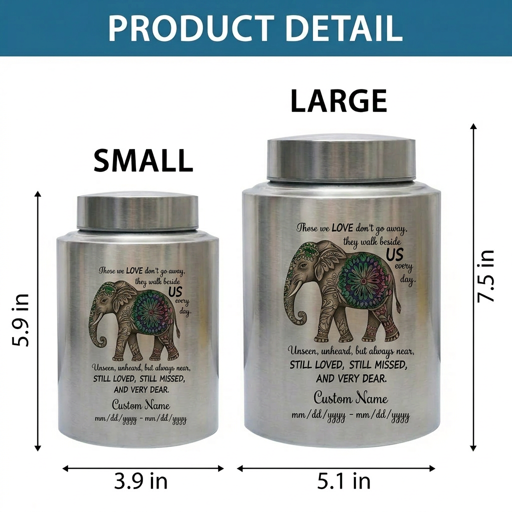 Personalized Floral Elephant Pattern Stainless Steel Large Urn for Human Ashes, Loss of Mother Father Loved One Sympathy Gift, Bereavement Memorial Keepsake Urn, Memorial Gift, In Loving Memory - Image 6