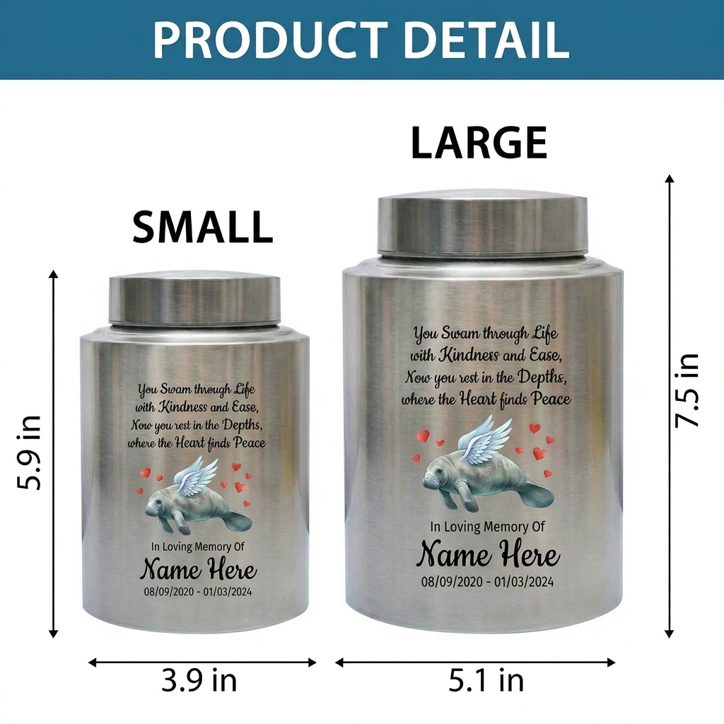Personalized Manatee Beach Ocean Stainless Steel UV Printed Loss Of Loved One Marine Enthusiast Remembrance Keepsake Small Large Memorial Keepsake Urn, Memorial Gift, In Loving Memory - Image 6