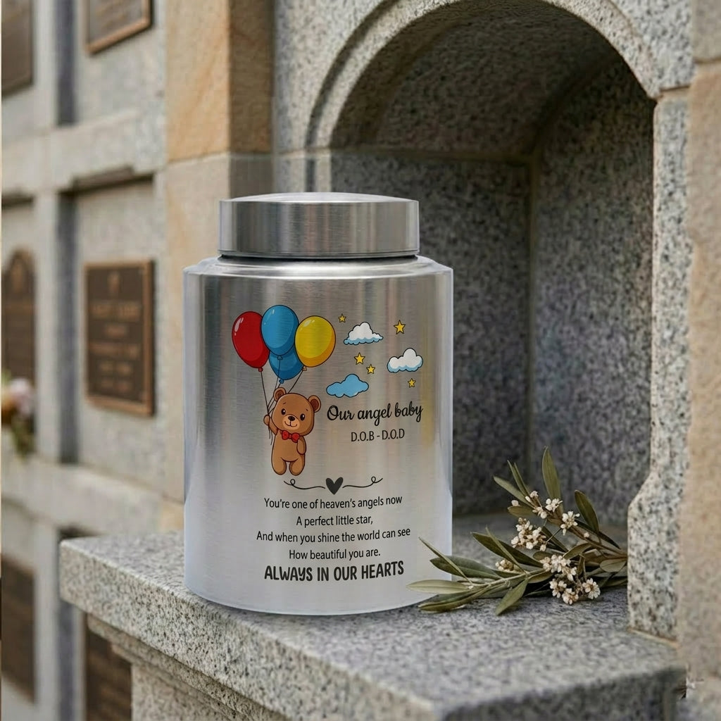 Personalized Teddy Bear Balloons Baby Loss Stainless Steel Urn For Infant Child Bereavement Custom Engraved Sympathy Gift Large And Small Memorial Keepsake Urn, Memorial Gift, In Loving Memory - Image 7