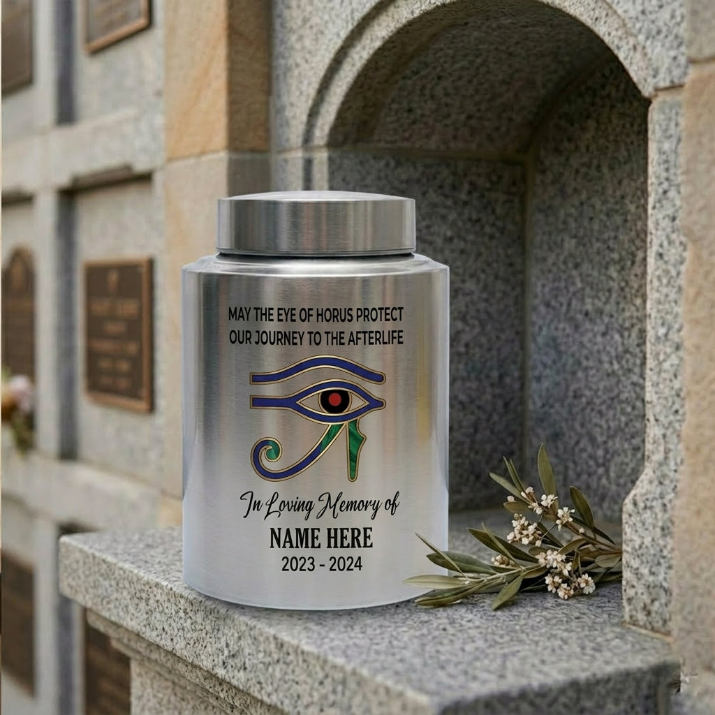 Personalized Eye of Horus Egyptian Hamsa Evil Eye Stainless Steel Cremation Container for Human Ashes Bereavement Tribute Jar Memorial Keepsake Urn, Memorial Gift, In Loving Memory - Image 7