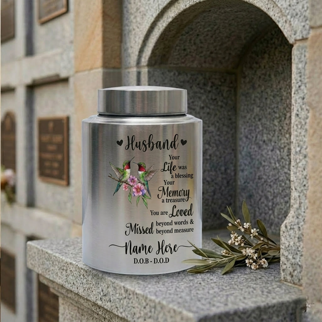Personalized Couple in Heaven Stainless Steel UV Printed Urn Loss of Husband Bereavement Sympathy Keepsake for Widow Silver Black Red Memorial Keepsake Urn, Memorial Gift, In Loving Memory - Image 7