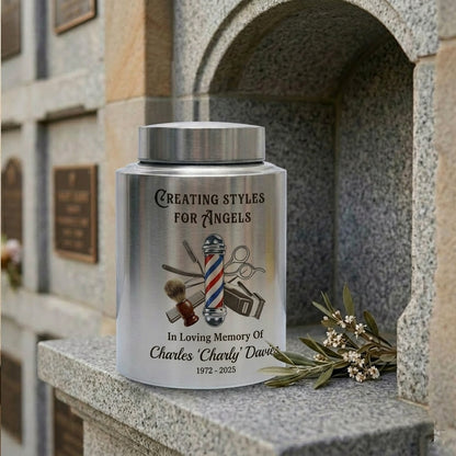 Personalized Master Barber Hair Stylist UV Printed Stainless Steel Urn for Ashes Cosmetologist Sympathy Bereavement Large Silver Black Gold Red Memorial Keepsake Urn, Memorial Gift, In Loving Memory - Image 7