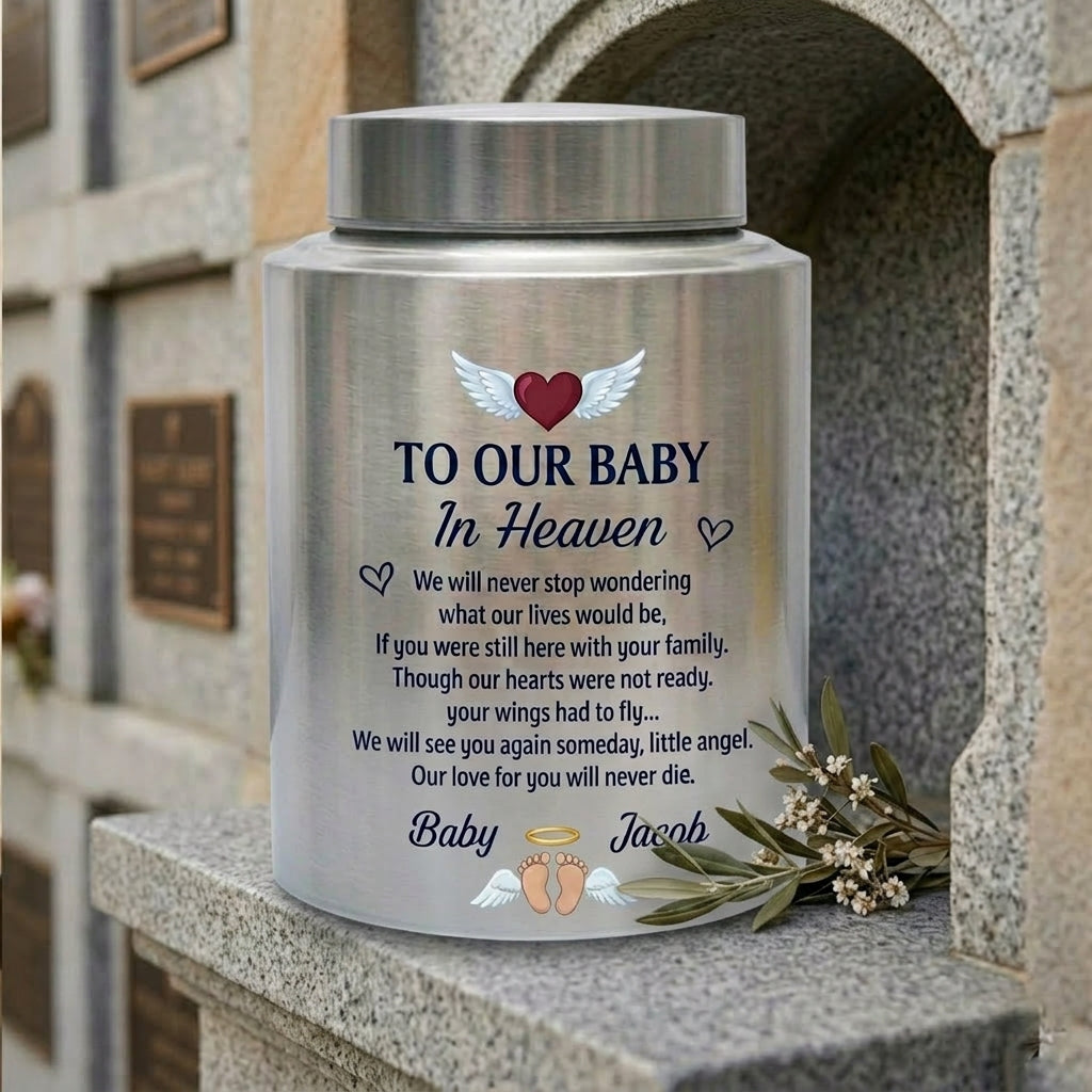 Personalized Infant Footprints Angel Wings Baby Loss Stainless Steel Urn For Grieving Parents Miscarriage Child Remembrance Small Or Large Memorial Keepsake Urn, Memorial Gift, In Loving Memory - Image 7