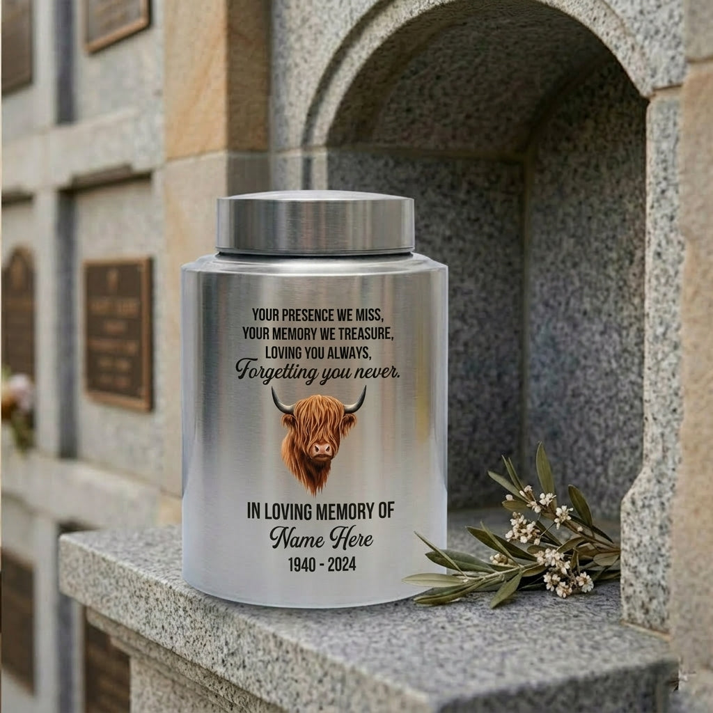 Personalized Highland Cow Stainless Steel Urn for Human Ashes, Sympathy Loss of Loved One Bereavement, Adult Ash Container 5.9in 7.5in, Memorial Keepsake Urn, Memorial Gift, In Loving Memory - Image 7