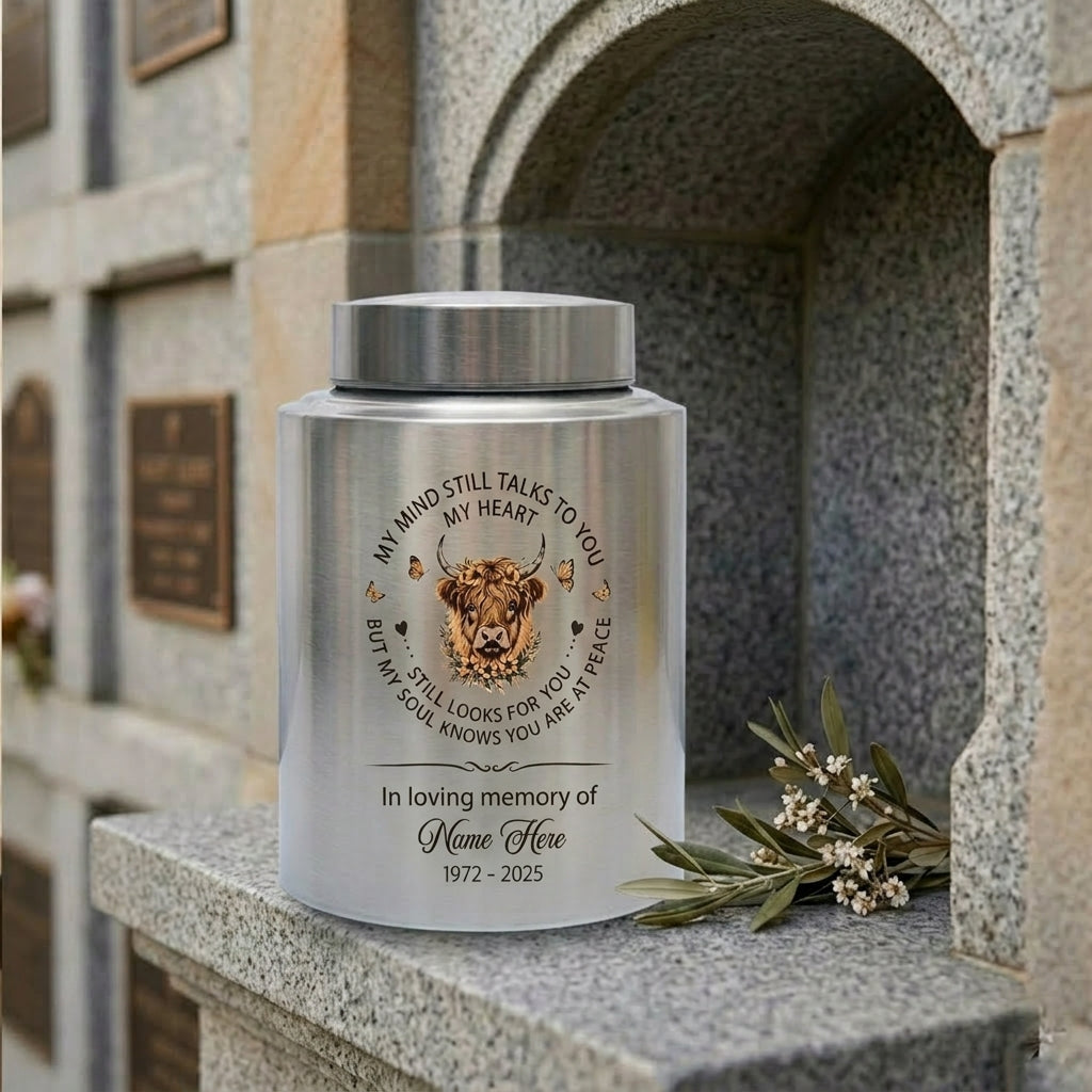 Personalized Highland Cow UV Printed Ash Container for Loss of Mother Father, My Mind Still Talks to You Quote, Large 7.5x5.1 or 5.9x3.9 Sizes, Memorial Keepsake Urn, Memorial Gift, In Loving Memory - Image 7
