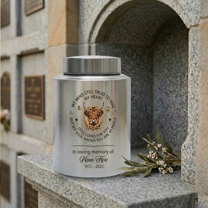 Personalized Highland Cow UV Printed Ash Container for Loss of Mother Father, My Mind Still Talks to You Quote, Large 7.5x5.1 or 5.9x3.9 Sizes, Memorial Keepsake Urn, Memorial Gift, In Loving Memory - Image 7