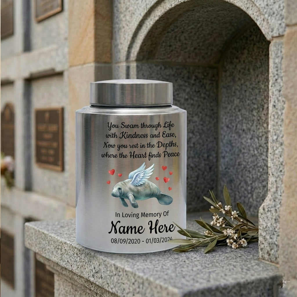 Personalized Manatee Beach Ocean Stainless Steel UV Printed Loss Of Loved One Marine Enthusiast Remembrance Keepsake Small Large Memorial Keepsake Urn, Memorial Gift, In Loving Memory - Image 7